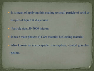  It is mean of applying thin coating to small particle of solid or
droplet of liquid & dispersion.
 Particle size: 50-5000 micron.
 It has 2 main phases: a) Core material b) Coating material
 Also known as microcapsule, microsphere, coated granules,
pellets.
5
 