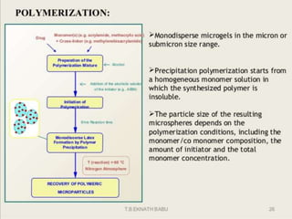 65
Preparation of the polymerization
mixture
Drug Monomer(s) (e.g. acrylamide)
Cross-linker
(e.g.Methylenebisacrylamide)+ +
Initiation of Polymerization
Monodisoerse Latex Formation by
Polymer Precipitation
Recovery of Polymeric
Microparticles
Alcohol
Addition of the alcoholic
solution of the initiator
8 hrs reaction
time
 