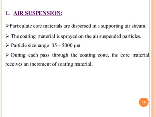 1. AIR SUSPENSION:
Particulate core materials are dispersed in a supporting air stream.
 The coating material is sprayed on the air suspended particles.
 Particle size range 35 – 5000 μm.
 During each pass through the coating zone, the core material
receives an increment of coating material.
16
 