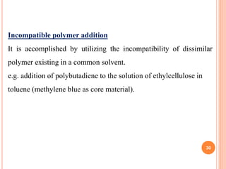 Incompatible polymer addition
It is accomplished by utilizing the incompatibility of dissimilar
polymer existing in a common solvent.
e.g. addition of polybutadiene to the solution of ethylcellulose in
toluene (methylene blue as core material).
30
 