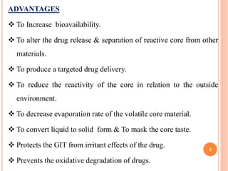 ADVANTAGES
 To Increase bioavailability.
 To alter the drug release & separation of reactive core from other
materials.
 To produce a targeted drug delivery.
 To reduce the reactivity of the core in relation to the outside
environment.
 To decrease evaporation rate of the volatile core material.
 To convert liquid to solid form & To mask the core taste.
 Protects the GIT from irritant effects of the drug.
 Prevents the oxidative degradation of drugs.
5
 