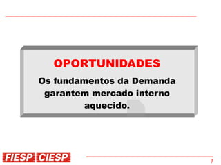 OPORTUNIDADES
Os fundamentos da Demanda
 garantem mercado interno
         aquecido.




                            7
 