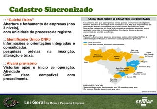 Lei Geral da Micro e Pequena Empresa
Cadastro Sincronizado
:: “Guichê Único”
Abertura e fechamento de empresas (nos
3 níveis),
com unicidade do processo de registro.
:: Identificador Único CNPJ
Informações e orientações integradas e
consolidadas,
pesquisas prévias na inscrição,
alteração e baixa.
:: Alvará provisório
Vistorias após o início de operação.
Atividade
Com risco compatível com
procedimento.
 