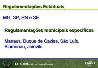 Lei Geral da Micro e Pequena Empresa
Regulamentações Estaduais
MG, SP, RN e SE
Regulamentações Estaduais
MG, SP, RN e SE
Regulamentações municipais específicas
Manaus, Duque de Caxias, São Luís,
Blumenau, Joinvile
Regulamentações municipais específicas
Manaus, Duque de Caxias, São Luís,
Blumenau, Joinvile
 