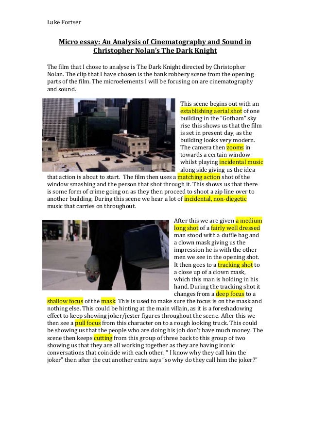 High School Sample Essay Luke Fortser Micro Essay An Analysis Of Cinematography And Sound In Christopher Nolans The Dark Corruption Essay In English also Sample Business Essay Micro Essay Thesis Examples For Argumentative Essays