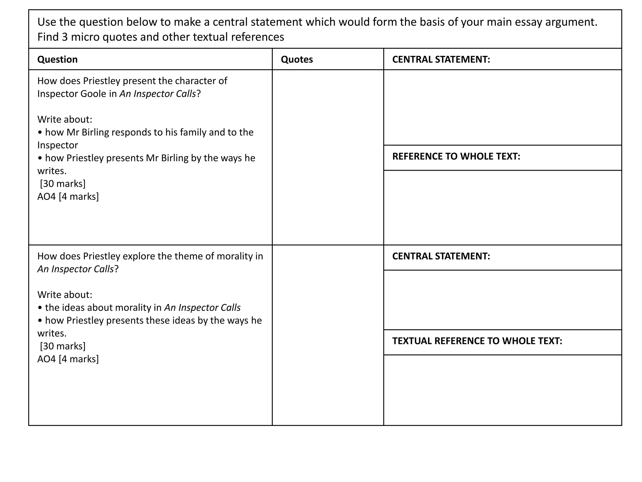 Use the question below to make a central statement which would form the basis of your main essay argument.
Find 3 micro quotes and other textual references
Question Quotes CENTRAL STATEMENT:
How does Priestley present the character of
Inspector Goole in An Inspector Calls?
Write about:
• how Mr Birling responds to his family and to the
Inspector
• how Priestley presents Mr Birling by the ways he
writes.
[30 marks]
AO4 [4 marks]
REFERENCE TO WHOLE TEXT:
How does Priestley explore the theme of morality in
An Inspector Calls?
Write about:
• the ideas about morality in An Inspector Calls
• how Priestley presents these ideas by the ways he
writes.
[30 marks]
AO4 [4 marks]
CENTRAL STATEMENT:
TEXTUAL REFERENCE TO WHOLE TEXT:
 