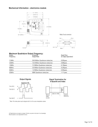 Mechanical Information - electronics module 
Page 7 of 10 
.75 [19.1] 
2.03 [51.5] 
2.18 [55.4] 
1.89 [48.0] 
1.50 [38.1] 
Ø.13 [Ø3.3] 
2.11 [53.5] 
.10 [2.4] 
.85 [21.5] 
.46 [11.6] 
Male D-sub connector 
PIN 1 PIN 5 
PIN 10 PIN 15 
SS-350C 
Maximum Quadrature Output Frequency: 
Output A-Quad-B Dwell Time 
Frequency Output Rate (or edge separation) 
7.2MHz 28.8 Million Quadrature states/sec 0.035μsec. 
3.6MHz 14.4 Million Quadrature states/sec 0.069μsec. 
1.8MHz 7.2 Million Quadrature states/sec 0.139μsec. 
900KHz 3.6 Million Quadrature states/sec 0.239μsec. 
450KHz 1.8 Million Quadrature states/sec 0.555μsec. 
225KHz 900K Quadrature states/sec 1.111μsec. 
All Specifications are subject to change. All data is accurate to the best of our knowledge. 
MicroE Systems is not responsible for errors. 
Signal Termination for 
A-Quad-B and Index 
Mercury 
3500V 
encoder 
120 
Ω 
Cable Zo=120Ω 
Customer 
Electronics 
Output Signals 
A 
B 
I 
Pins 4 & 5 
Pins 9 & 10 
Pins 14 & 15* 
Quadrature TTL 
*Note: The index pulse may be aligned with A or B at some interpolation values. 
PIN 11 
3500 
 