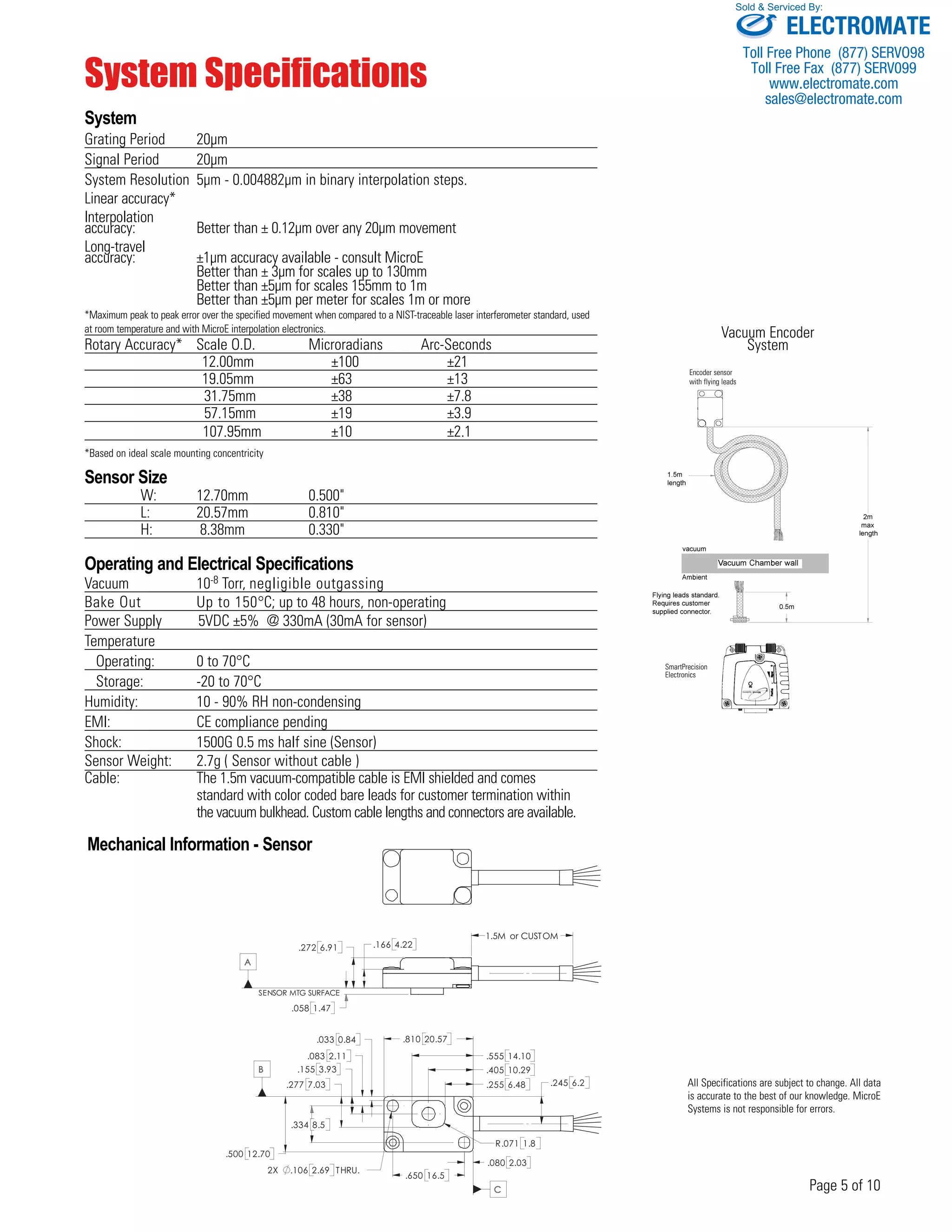 Sold & Serviced By: 
Page 5 of 10 
System Specifications 
System 
Grating Period 20μm 
Signal Period 20μm 
System Resolution 5μm - 0.004882μm in binary interpolation steps. 
Linear accuracy* 
Interpolation 
accuracy: Better than ± 0.12μm over any 20μm movement 
Long-travel 
accuracy: ±1μm accuracy available - consult MicroE 
Better than ± 3μm for scales up to 130mm 
Better than ±5μm for scales 155mm to 1m 
Better than ±5μm per meter for scales 1m or more 
*Maximum peak to peak error over the specified movement when compared to a NIST-traceable laser interferometer standard, used 
at room temperature and with MicroE interpolation electronics. 
Rotary Accuracy* Scale O.D. Microradians Arc-Seconds 
12.00mm ±100 ±21 
19.05mm ±63 ±13 
31.75mm ±38 ±7.8 
57.15mm ±19 ±3.9 
107.95mm ±10 ±2.1 
*Based on ideal scale mounting concentricity 
Sensor Size 
W: 12.70mm 0.500" 
L: 20.57mm 0.810" 
H: 8.38mm 0.330" 
Operating and Electrical Specifications 
Vacuum 10-8 Torr, negligible outgassing 
Bake Out Up to 150°C; up to 48 hours, non-operating 
Power Supply 5VDC ±5% @ 330mA (30mA for sensor) 
Temperature 
Operating: 0 to 70°C 
Storage: -20 to 70°C 
Humidity: 10 - 90% RH non-condensing 
EMI: CE compliance pending 
Shock: 1500G 0.5 ms half sine (Sensor) 
Sensor Weight: 2.7g ( Sensor without cable ) 
Cable: The 1.5m vacuum-compatible cable is EMI shielded and comes 
standard with color coded bare leads for customer termination within 
the vacuum bulkhead. Custom cable lengths and connectors are available. 
Mechanical Information - Sensor 
Vacuum Encoder 
System 
Encoder sensor 
with Nanonics 
Connector 
1.5m 
length 
2m 
max 
length 
Encoder sensor 
with flying leads 
Vacuum Chamber wall 
vacuum 
Ambient 
0.5m 
Flying leads standard. 
Requires customer 
supplied connector. 
SmartPrecision 
SmartSignal 
Electronics 
Electronics 
[ ] 
All Specifications are subject to change. All data 
is accurate to the best of our knowledge. MicroE 
Systems is not responsible for errors. 
.166 4.22 
.272 6.91 
.058 1.47 
1.5M or CUSTOM 
SENSOR MTG SURFACE 
A 
.810 20.57 
.555 14.10 
.405 10.29 
.255 6.48 
.033 0.84 
.083 2.11 
.155 3.93 
.277 7.03 
.500 12.70 
R.071 1.8 
.080 2.03 
.334 8.5 
2X .106 2.69 THRU. 
.650 16.5 
C 
B 
.245 6.2 
ELECTROMATE 
Toll Free Phone (877) SERVO98 
Toll Free Fax (877) SERV099 
www.electromate.com 
sales@electromate.com 
 