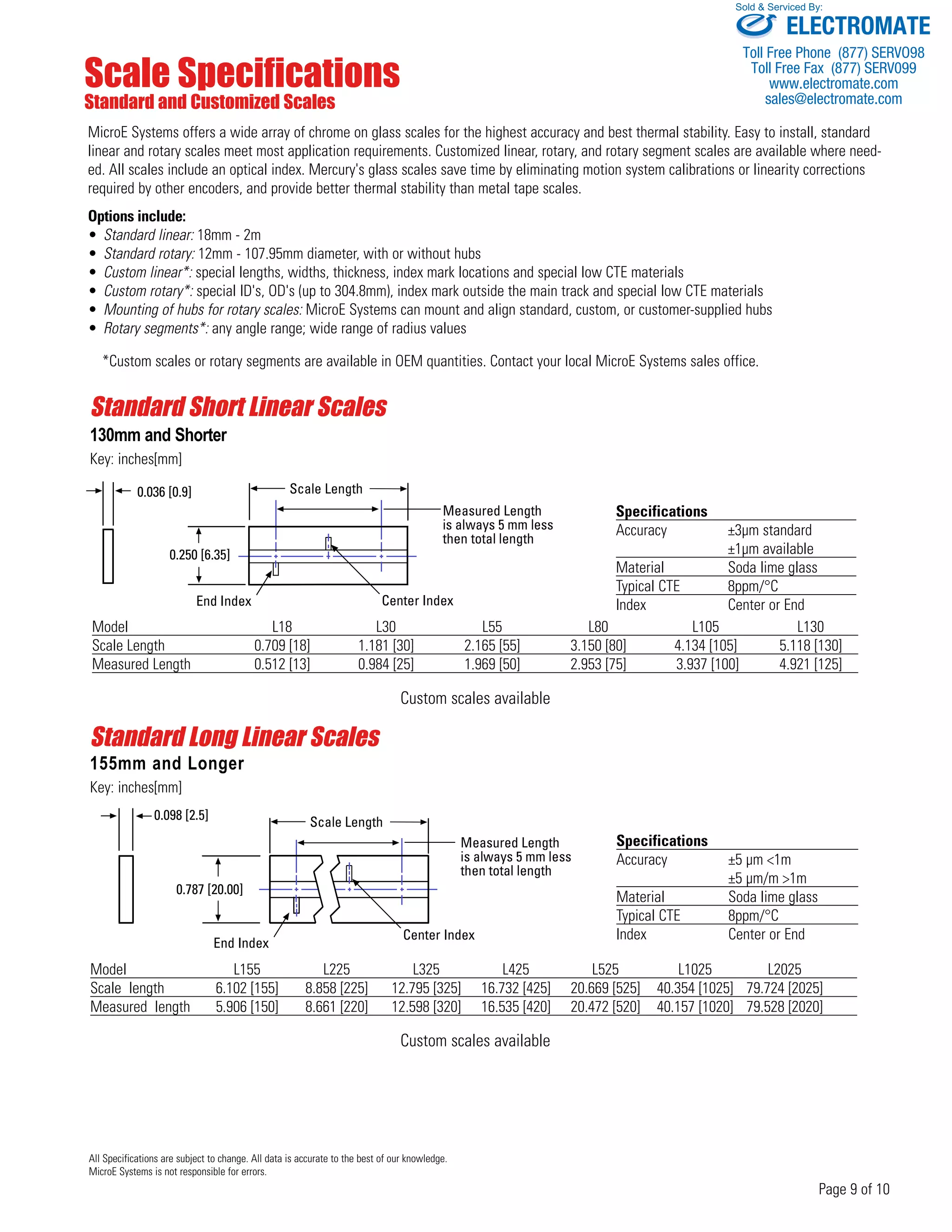 Scale Specifications 
Standard and Customized Scales 
Sold & Serviced By: 
MicroE Systems offers a wide array of chrome on glass scales for the highest accuracy and best thermal stability. Easy to install, standard 
linear and rotary scales meet most application requirements. Customized linear, rotary, and rotary segment scales are available where need-ed. 
All scales include an optical index. Mercury's glass scales save time by eliminating motion system calibrations or linearity corrections 
Measured Length 
is always 5 mm less 
then total length 
Scale Length 
Center Index 
0.250 [6.35] 
Model L18 L30 L55 L80 L105 L130 
Scale Length 0.709 [18] 1.181 [30] 2.165 [55] 3.150 [80] 4.134 [105] 5.118 [130] 
Measured Length 0.512 [13] 0.984 [25] 1.969 [50] 2.953 [75] 3.937 [100] 4.921 [125] 
Page 9 of 10 
required by other encoders, and provide better thermal stability than metal tape scales. 
Options include: 
• Standard linear: 18mm - 2m 
• Standard rotary: 12mm - 107.95mm diameter, with or without hubs 
• Custom linear*: special lengths, widths, thickness, index mark locations and special low CTE materials 
• Custom rotary*: special ID's, OD's (up to 304.8mm), index mark outside the main track and special low CTE materials 
• Mounting of hubs for rotary scales: MicroE Systems can mount and align standard, custom, or customer-supplied hubs 
• Rotary segments*: any angle range; wide range of radius values 
*Custom scales or rotary segments are available in OEM quantities. Contact your local MicroE Systems sales office. 
Standard Short Linear Scales 
130mm and Shorter 
Key: inches[mm] 
Scale Length 
Custom scales available 
All Specifications are subject to change. All data is accurate to the best of our knowledge. 
MicroE Systems is not responsible for errors. 
Specifications 
Accuracy ±3μm standard 
±1μm available 
Material Soda lime glass 
Typical CTE 8ppm/°C 
Index Center or End 
Specifications 
Accuracy ±5 μm <1m 
±5 μm/m >1m 
Material Soda lime glass 
Typical CTE 8ppm/°C 
Index Center or End 
Standard Long Linear Scales 
155mm and Longer 
Key: inches[mm] 
Measured Length 
is always 5 mm less 
then total length 
0.098 [2.5] 
0.787 [20.00] 
End Index Center Index 
0.036 [0.9] 
End Index 
Model L155 L225 L325 L425 L525 L1025 L2025 
Scale length 6.102 [155] 8.858 [225] 12.795 [325] 16.732 [425] 20.669 [525] 40.354 [1025] 79.724 [2025] 
Measured length 5.906 [150] 8.661 [220] 12.598 [320] 16.535 [420] 20.472 [520] 40.157 [1020] 79.528 [2020] 
Custom scales available 
ELECTROMATE 
Toll Free Phone (877) SERVO98 
Toll Free Fax (877) SERV099 
www.electromate.com 
sales@electromate.com 
 