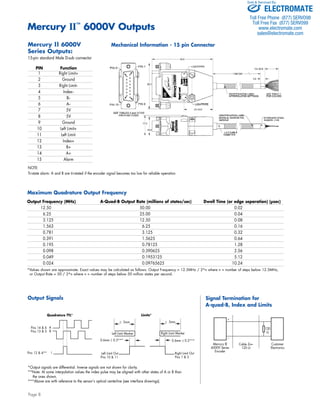 Mercury II™ 6000V Outputs 
Mercury II 6000V 
Series Outputs: 
15-pin standard Male D-sub connector 
PIN Function 
1 Right Limit+ 
2 Ground 
3 Right Limit-- 
4 Index-- 
5 B-- 
6 A-- 
7 5V 
8 5V 
9 Ground 
10 Left Limit+ 
11 Left Limit- 
12 Index+ 
13 B+ 
14 A+ 
15 Alarm 
Sold & Serviced By: 
Maximum Quadrature Output Frequency 
Output Frequency (MHz) A-Quad-B Output Rate (millions of states/sec) Dwell Time (or edge separation) (μsec) 
12.50 50.00 0.02 
6.25 25.00 0.04 
3.125 12.50 0.08 
1.563 6.25 0.16 
0.781 3.125 0.32 
0.391 1.5625 0.64 
0.195 0.78125 1.28 
0.098 0.390625 2.56 
0.049 0.1953125 5.12 
0.024 0.09765625 10.24 
*Values shown are approximate. Exact values may be calculated as follows: Output Frequency = 12.5MHz / 2^n where n = number of steps below 12.5MHz, 
or Output Rate = 50 / 2^n where n = number of steps below 50 million states per second. 
Page 8 
Signal Termination for 
A-quad-B, Index and Limits 
Output Signals 
Quadrature TTL* 
A 
B 
I 
Limits* 
≥ 5mm ≥ 5mm 
Left Limit Marker Right Limit Marker 
*Output signals are differential. Inverse signals are not shown for clarity. 
**Note: At some interpolation values the index pulse may be aligned with other states of A or B than 
the ones shown. 
***Above are with reference to the sensor‘s optical centerline (see interface drawings). 
Cable Zo= 
120 Ω 
Mercury II 
6000V Series 
Encoder 
Customer 
Electronics 
120 
Ω 
0.6mm ± 0.3*** 0.6mm ± 0.3*** 
Right Limit Out 
Pins 1 & 3 
Left Limit Out 
Pins 10 & 11 
Pins 14 & 6 
Pins 13 & 5 
Pins 12 & 4** 
Mechanical Information - 15 pin Connector 
NOTE: 
Tri-state alarm: A and B are tri-stated if the encoder signal becomes too low for reliable operation 
+ 
− 
ELECTROMATE 
Toll Free Phone (877) SERVO98 
Toll Free Fax (877) SERV099 
www.electromate.com 
sales@electromate.com 
 