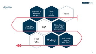 22
Agenda
What
is a
µservice?
We want it!
How can
we get it?
How does
it look like?
How do we
work with
µservices?
How do we
secure
µservices?
Coding!
Q&A
About
Final
Q&A
<<
 