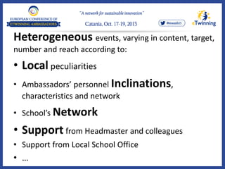 Heterogeneous events, varying in content, target,
number and reach according to:
• Local peculiarities
• Ambassadors’ personnel Inclinations,
characteristics and network
• School’s Network
• Support from Headmaster and colleagues
• Support from Local School Office
• …
 