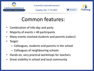 Common features:
• Combination of info-day and party
• Majority of events > 40 participants
• Many events involved students and parents (cakes!)
• Target:
– Colleagues, students and parents in the school
– Colleagues of neighbouring schools
• Hands on, very practical workshops for teachers
• Great visibility in school and local community
 