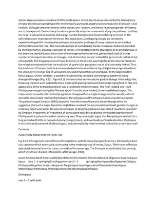 almostalwaysinvolveacomplex of differentfeatures.Infact,trendsare producedbythe drivingforce
of natural selectionoperatingwithinthe limitsof aparticularadaptive zone orsubzone.Evolutionisnot
random,althoughcertainelementsinthe processare random, andtrendsleadingtogreaterefficiency
are to be expected.Evolutionarytrendsare generallyadaptive movementsalongone pathway,butthey
are neverexclusivelysequential andalwaysinvolvedivergentandrepeatedtakingonof one or the
othercharacters importantinthe trend.The populationsundergoingchange are constantly
experimentingwithinthe adaptivepathway,andparallel probingsof anew subzone byrelatedbut
differentlinesare the rule.The classical example of evolutionarytrendsinmacroevolutionisprovided
by the horse family,Equidae.Evolutionof horses.Inreconstructingthe phylogenyof ananimal group,it
has beenthe standardpractice to showthe emergence fromacentral,generalizedstockof alarge
numberof divergentbranchesorlineages.Notall branchespersist;indeedthe generalrule isthatall but
a fewperish.The disappearance of manybranchesinthe distantpastmightleadthe observertodayto
the mistakenimpressionthatthe evolutionof aparticulargroupwas notat all elaboratelyforked.Thus,
the evolutionof horsescouldbe erroneouslydepictedasanundeviatingstraight-line progressionfrom
the small,terrier(small dogof variousbreeds)sizedHyracotherium(Eohippus) tothe large modern
horse,Equus.Onthe contrary,a wealthof evidence hasrevealedconvincinglyapatternof many
divergentlineages(Fig. 8.12).Figure 8.12 demonstratesverynicelythe gradual change froma dog-like,
browsingcreature withpaddedfeettoa horse withgrazinghabitsandhoofedspringingfeet.Infact,the
appearance of the onetoedconditionwasalandmark inhorse history. The fleet-footed,one-toed
Pliohippusemergedduringthe Pliocene epochfromthe slow-footed,three-toedMerychippus.This
majoreventisusuallyinterpretedasagradual change withina single lineage.Inotherwords,adirect
ancestral-descendantrelationshipbetweenMerychippusandPleiohippushasbeenwidelyaccepted.
The paleontologistSimpson(1951) departedfromthe view of slow andsteadychange whenhe
suggestedthatsucha major transitionmighthave involvedthe accumulationof small geneticchangesin
relativelyrapidsuccession.Thisacceleratedpace of phyleticgradualismwascalled“quantumevolution”
by Simpson.Proponentsof hypothesisof punctuatedequilibriaexplainedthe suddenappearance of
Pliohippusinaquite contrastbut convincing way.Thus,one mightargue thatMerychippusexistedfora
longperiodwithlittle ornoevolutionarychange (stasis),andeventuallysufferedextinction.Pliohippus
isnot a lineardescendantof Merychippus,butadramaticallynew formthathadearlierarisenasa small
Contents
EVOLUTION ABOVESPECIESLEVEL 105
Fig.8.12. Phylogenetictree of horsesthroughtime,withitsmanydivergentbranches.All branchesdied
out,save one whicheventuallyculminatinginthe moderngroupof horses,Equus.The history of horses
datesback to earlyCenozoictimes,some 60millionyearsago.The Cenozoiceraisdividedintoperiods,
whichinturn are dividedintoepochs(afterSavage,1969).
SouthAmericaNorthAmericaOldWorldRecentPleistocenePiloceneMiocene Oligocene Eocene Equus
Equus toes 1–1 springingStylohippariontoes3– 3 springingNannippusNeohipparionCalippus
PliohippusHippidionGrazersHipparionMegahippusHypohippusAnchitheriumArchaeohippus
MerychippusParahippusMiohippusBrowsersMesohippusEpihippus
Orohippus
toes3 – 3 withpads
 