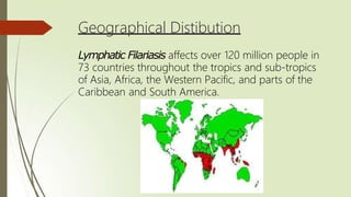Geographical Distibution
Lymphatic Filariasis affects over 120 million people in
73 countries throughout the tropics and sub-tropics
of Asia, Africa, the Western Pacific, and parts of the
Caribbean and South America.