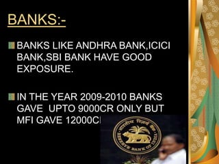 BANKS:-
BANKS LIKE ANDHRA BANK,ICICI
BANK,SBI BANK HAVE GOOD
EXPOSURE.
IN THE YEAR 2009-2010 BANKS
GAVE UPTO 9000CR ONLY BUT
MFI GAVE 12000CR.
 