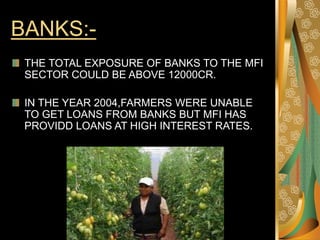 BANKS:-
THE TOTAL EXPOSURE OF BANKS TO THE MFI
SECTOR COULD BE ABOVE 12000CR.
IN THE YEAR 2004,FARMERS WERE UNABLE
TO GET LOANS FROM BANKS BUT MFI HAS
PROVIDD LOANS AT HIGH INTEREST RATES.
 