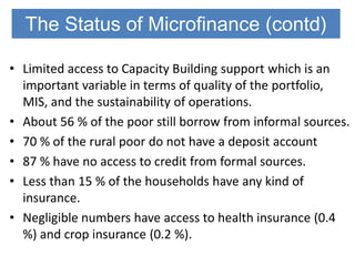 The Status of Microfinance (contd)

• Limited access to Capacity Building support which is an
  important variable in terms of quality of the portfolio,
  MIS, and the sustainability of operations.
• About 56 % of the poor still borrow from informal sources.
• 70 % of the rural poor do not have a deposit account
• 87 % have no access to credit from formal sources.
• Less than 15 % of the households have any kind of
  insurance.
• Negligible numbers have access to health insurance (0.4
  %) and crop insurance (0.2 %).
 