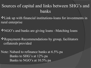 Sources of capital and links between SHG’s and
                     banks
Link up with financial institutions-loans for investments in
rural enterprise

NGO’s and banks are giving loans –Matching loans

Repayment-Recommendations by group, facilitators
 collaterals provided

Note: Nabard to refinance banks at 6.5% pa
      Banks to SHG’s at 12% pa
      Banks to NGO’s at 10.5% pa
 