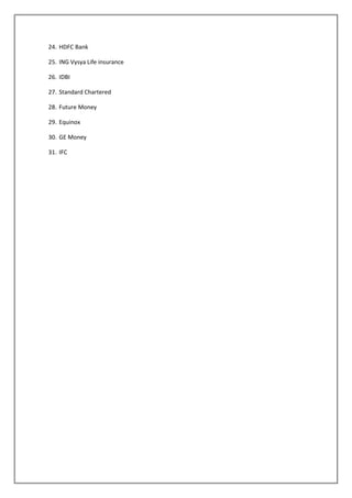 24. HDFC Bank

25. ING Vysya Life insurance

26. IDBI

27. Standard Chartered

28. Future Money

29. Equinox

30. GE Money

31. IFC
 