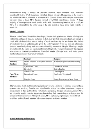 intermediation using a variety of delivery methods, their numbers have increased
considerably today. While there is no published data on private MFIs operating in the country,
the number of MFIs is estimated to be around 800. One set of data which I have indicate that
not more than a dozen MFIs have an outreach of 1,00,000 microFinance clients. A large
majority of them operate on much smaller scale with clients ranging between 500 to 1,500 per
MFI. It is estimated that the MFIs‘ share of the total institution-based micro-credit portfolio is
about 8%.

Product Offering:

Thus far, microfinance institutions have largely limited their product and service offering even
within the confines of financial inclusion. In fact, their product innovation has been limited to
credit which is intended to serve a variety of needs as shown by the box below. The limited
product innovation is understandable given the sector‘s primary focus has been on refining its
business model and gaining scale to become financially sustainable. Despite following a single-
product model, the sector has experienced remarkable growth. This growth can only be expected
to continue as product innovation and diversified service offerings attract and retain greater
number of customers with a variety of needs.

                   Product                                 Purpose
Existing           Micro Business Enterprise/Business      Working Capital/Business Start-up
Products           Loan
                   Agricultural Loan                       Crop Farm Related
                   Livestock                               Dairy, Poultry
                   General Loan                            Consumption
New/Niche          Educational Loan                        Academic/ Vocational
Products
                   Housing Loan                            Home Improvement/New Home


The very same clients that the sector currently serves have a plethora of alternate needs for basic
products and services, financial and non-financial which can affect sustainable, long-term
achievements in their quality of life. Fortunately, recognizing this pent-up demand, mature MFIs
are beginning to take concrete steps toward expanding their product basket, at least within the
context of financial services. Along with credit, MFIs are heavily exploring the possibility of
providing savings/deposit services, micro-insurance and remittance services




Who is Funding Microfinance?
 