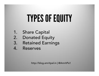 TYPES OF EQUITY
1.   Share Capital
2.   Donated Equity
3.   Retained Earnings
4.   Reserves


        http://blog.amritpal.in | @AmritPa1
 