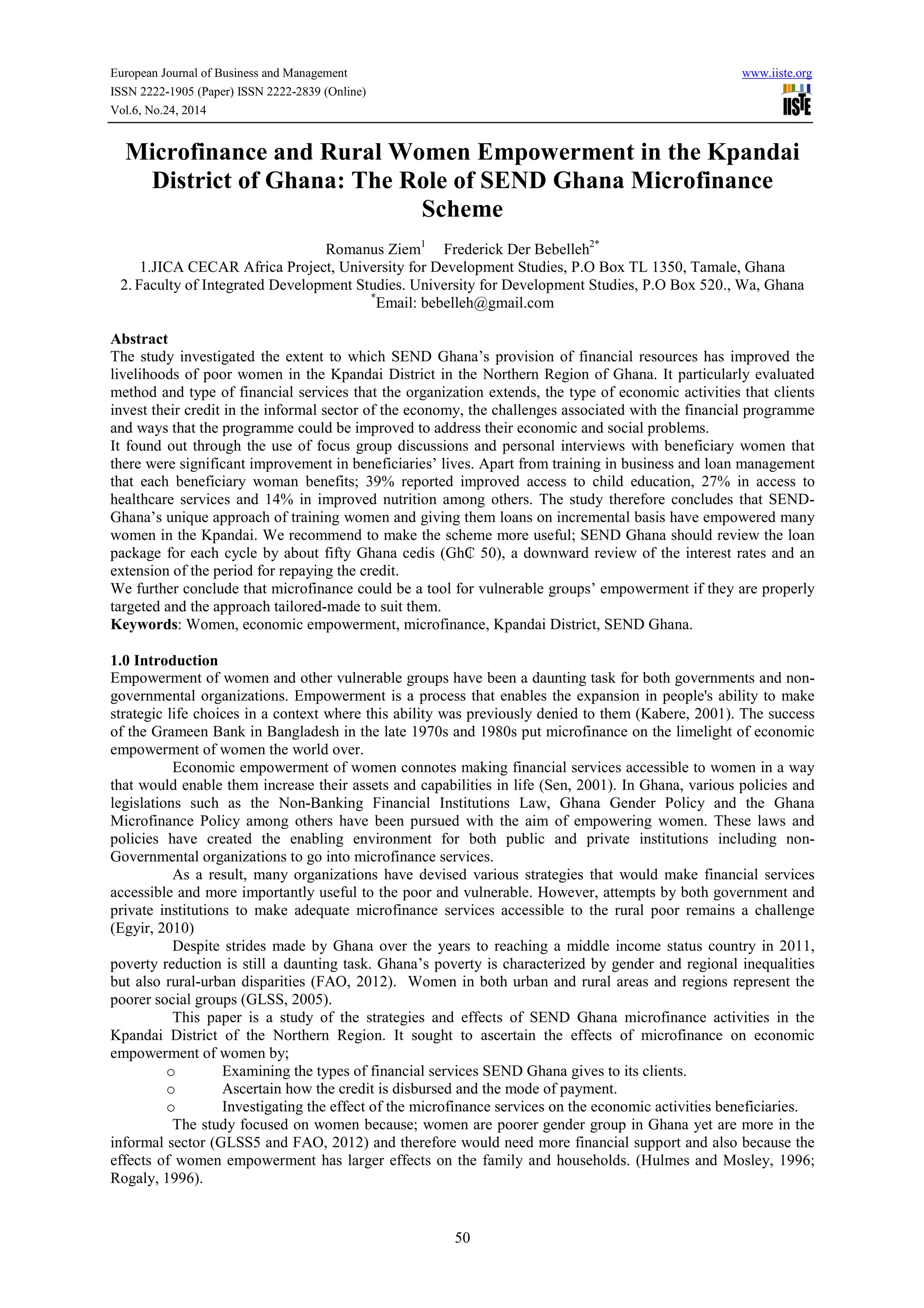Microfinance and rural women empowerment in the kpandai district of ...