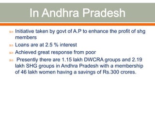  Initiative taken by govt of A.P to enhance the profit of shg 
members 
 Loans are at 2.5 % interest 
 Achieved great response from poor 
 Presently there are 1.15 lakh DWCRA groups and 2.19 
lakh SHG groups in Andhra Pradesh with a membership 
of 46 lakh women having a savings of Rs.300 crores. 
 