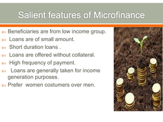  Beneficiaries are from low income group. 
 Loans are of small amount. 
 Short duration loans . 
 Loans are offered without collateral. 
 High frequency of payment. 
 Loans are generally taken for income 
generation purposes. 
 Prefer women costumers over men. 
 
