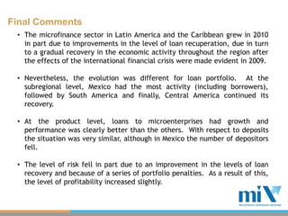 Final Comments
 • The microfinance sector in Latin America and the Caribbean grew in 2010
   in part due to improvements in the level of loan recuperation, due in turn
   to a gradual recovery in the economic activity throughout the region after
   the effects of the international financial crisis were made evident in 2009.

 • Nevertheless, the evolution was different for loan portfolio. At the
   subregional level, Mexico had the most activity (including borrowers),
   followed by South America and finally, Central America continued its
   recovery.

 • At the product level, loans to microenterprises had growth and
   performance was clearly better than the others. With respect to deposits
   the situation was very similar, although in Mexico the number of depositors
   fell.

 • The level of risk fell in part due to an improvement in the levels of loan
   recovery and because of a series of portfolio penalties. As a result of this,
   the level of profitability increased slightly.
 