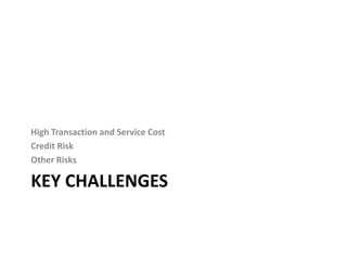 High Transaction and Service Cost
Credit Risk
Other Risks

KEY CHALLENGES
 