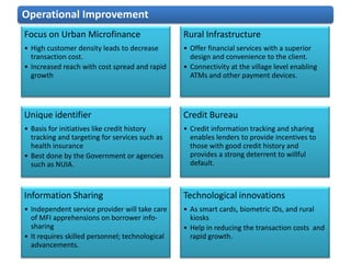 Operational Improvement
Focus on Urban Microfinance                      Rural Infrastructure
• High customer density leads to decrease        • Offer financial services with a superior
  transaction cost.                                design and convenience to the client.
• Increased reach with cost spread and rapid     • Connectivity at the village level enabling
  growth                                           ATMs and other payment devices.




Unique identifier                                Credit Bureau
• Basis for initiatives like credit history      • Credit information tracking and sharing
  tracking and targeting for services such as      enables lenders to provide incentives to
  health insurance                                 those with good credit history and
• Best done by the Government or agencies          provides a strong deterrent to willful
  such as NUIA.                                    default.



Information Sharing                              Technological innovations
• Independent service provider will take care    • As smart cards, biometric IDs, and rural
  of MFI apprehensions on borrower info-           kiosks
  sharing                                        • Help in reducing the transaction costs and
• It requires skilled personnel; technological     rapid growth.
  advancements.
 