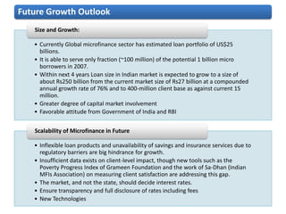 Future Growth Outlook
   Size and Growth:

   • Currently Global microfinance sector has estimated loan portfolio of US$25
     billions.
   • It is able to serve only fraction (~100 million) of the potential 1 billion micro
     borrowers in 2007.
   • Within next 4 years Loan size in Indian market is expected to grow to a size of
     about Rs250 billion from the current market size of Rs27 billion at a compounded
     annual growth rate of 76% and to 400-million client base as against current 15
     million.
   • Greater degree of capital market involvement
   • Favorable attitude from Government of India and RBI


   Scalability of Microfinance in Future

   • Inflexible loan products and unavailability of savings and insurance services due to
     regulatory barriers are big hindrance for growth.
   • Insufficient data exists on client-level impact, though new tools such as the
     Poverty Progress Index of Grameen Foundation and the work of Sa-Dhan (Indian
     MFIs Association) on measuring client satisfaction are addressing this gap.
   • The market, and not the state, should decide interest rates.
   • Ensure transparency and full disclosure of rates including fees
   • New Technologies
 