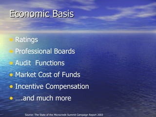 Economic Basis Source: The State of the Microcredit Summit Campaign Report 2003 Ratings Professional Boards Audit  Functions Market Cost of Funds Incentive Compensation … .and much more 