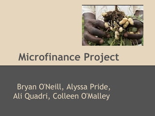 Microfinance Project

 Bryan O'Neill, Alyssa Pride,
Ali Quadri, Colleen O'Malley
 