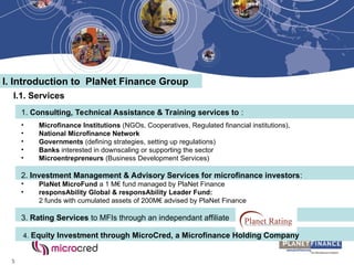 5
I.1. Services
1. Consulting, Technical Assistance & Training services to :
• Microfinance Institutions (NGOs, Cooperatives, Regulated financial institutions),
• National Microfinance Network
• Governments (defining strategies, setting up regulations)
• Banks interested in downscaling or supporting the sector
• Microentrepreneurs (Business Development Services)
2. Investment Management & Advisory Services for microfinance investors:
• PlaNet MicroFund a 1 M€ fund managed by PlaNet Finance
• responsAbility Global & responsAbility Leader Fund:
2 funds with cumulated assets of 200M€ advised by PlaNet Finance
3. Rating Services to MFIs through an independant affiliate
4. Equity Investment through MicroCred, a Microfinance Holding Company
I. Introduction to PlaNet Finance Group
 