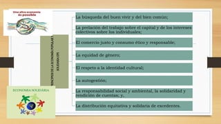 IPRINCIPIOS DE LA ECONOMÍA POPULAR Y 
SOLIDARIA EPS 
La búsqueda del buen vivir y del bien común; 
La prelación del trabajo sobre el capital y de los intereses 
colectivos sobre los individuales; 
El comercio justo y consumo ético y responsable; 
La equidad de género; 
El respeto a la identidad cultural; 
La autogestión; 
La responsabilidad social y ambiental, la solidaridad y 
rendición de cuentas; y, 
La distribución equitativa y solidaria de excedentes. 
