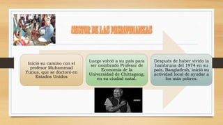 Inició su camino con el 
profesor Muhammad 
Yunus, que se doctoró en 
Estados Unidos 
Luego volvió a su país para 
ser nombrado Profesor de 
Economía de la 
Universidad de Chittagong, 
en su ciudad natal. 
Después de haber vivido la 
hambruna del 1974 en su 
país, Bangladesh, inició su 
actividad local de ayudar a 
los más pobres. 
 