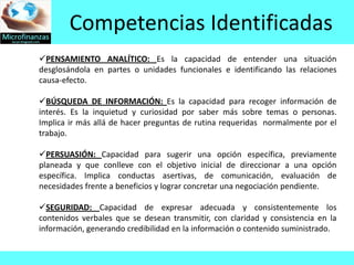 Competencias Identificadas
PENSAMIENTO ANALÍTICO: Es la capacidad de entender una situación
desglosándola en partes o unidades funcionales e identificando las relaciones
causa-efecto.

BÚSQUEDA DE INFORMACIÓN: Es la capacidad para recoger información de
interés. Es la inquietud y curiosidad por saber más sobre temas o personas.
Implica ir más allá de hacer preguntas de rutina requeridas normalmente por el
trabajo.

PERSUASIÓN: Capacidad para sugerir una opción específica, previamente
planeada y que conlleve con el objetivo inicial de direccionar a una opción
específica. Implica conductas asertivas, de comunicación, evaluación de
necesidades frente a beneficios y lograr concretar una negociación pendiente.

SEGURIDAD: Capacidad de expresar adecuada y consistentemente los
contenidos verbales que se desean transmitir, con claridad y consistencia en la
información, generando credibilidad en la información o contenido suministrado.
 