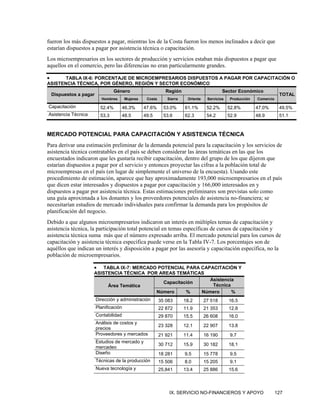 fueron los más dispuestos a pagar, mientras los de la Costa fueron los menos inclinados a decir que
estarían dispuestos a pagar por asistencia técnica o capacitación.
Los microempresarios en los sectores de producción y servicios estaban más dispuestos a pagar que
aquellos en el comercio, pero las diferencias no eran particularmente grandes.

•      TABLA IX-6: PORCENTAJE DE MICROEMPRESARIOS DISPUESTOS A PAGAR POR CAPACITACIÓN O
ASISTENCIA TÉCNICA, POR GÉNERO, REGIÓN Y SECTOR ECONÓMICO
                                  Género                       Región                       Sector Económico
    Dispuestos a pagar                                                                                                    TOTAL
                           Hombres       Mujeres    Costa      Sierra    Oriente    Servicios    Producción   Comercio

Capacitación               52.4%        46.3%      47.6%      53.0%     61.1%       52.2%       52.8%         47.0%       49.5%
Asistencia Técnica         53.3         48.5       49.5       53.6      62.3        54.2        52.9          48.9        51.1



MERCADO POTENCIAL PARA CAPACITACIÓN Y ASISTENCIA TÉCNICA
Para derivar una estimación preliminar de la demanda potencial para la capacitación y los servicios de
asistencia técnica contratables en el país se deben considerar las áreas temáticas en las que los
encuestados indicaron que les gustaría recibir capacitación, dentro del grupo de los que dijeron que
estarían dispuestos a pagar por el servicio y entonces proyectar las cifras a la población total de
microempresas en el país (en lugar de simplemente el universo de la encuesta). Usando este
procedimiento de estimación, aparece que hay aproximadamente 193,000 microempresarios en el país
que dicen estar interesados y dispuestos a pagar por capacitación y 166,000 interesados en y
dispuestos a pagar por asistencia técnica. Estas estimaciones preliminares son previstas solo como
una guía aproximada a los donantes y los proveedores potenciales de asistencia no-financiera; se
necesitarían estudios de mercado individuales para confirmar la demanda para los propósitos de
planificación del negocio.
Debido a que algunos microempresarios indicaron un interés en múltiples temas de capacitación y
asistencia técnica, la participación total potencial en temas específicas de cursos de capacitación y
asistencia técnica suma más que el número expresado arriba. El mercado potencial para los cursos de
capacitación y asistencia técnica específica puede verse en la Tabla IV-7. Los porcentajes son de
aquéllos que indican un interés y disposición a pagar por las asesoría y capacitación específica, no la
población de microempresarios.

                     •   TABLA IX-7: MERCADO POTENCIAL PARA CAPACITACIÓN Y
                     ASISTENCIA TÉCNICA POR AREAS TEMÁTICAS
                                                               Asistencia
                                               Capacitación
                          Área Temática                         Técnica
                                            Número      %   Número      %
                         Dirección y administración         35 083      18.2       27 518       16.5
                         Planificación                      22 872      11.9       21 353       12.8
                         Contabilidad                       29 870      15.5       26 608       16.0
                         Análisis de costos y
                                                            23 328      12.1       22 907       13.8
                         precios
                         Proveedores y mercados             21 921      11.4       16 190        9.7
                         Estudios de mercado y
                                                            30 712      15.9       30 182       18.1
                         mercadeo
                         Diseño                             18 281      9.5        15 778        9.5
                         Técnicas de la producción          15 506      8.0        15 205        9.1
                         Nueva tecnología y                 25,841      13.4       25 886       15.6



                                                                IX. SERVICIO NO-FINANCIEROS Y APOYO                      127
 