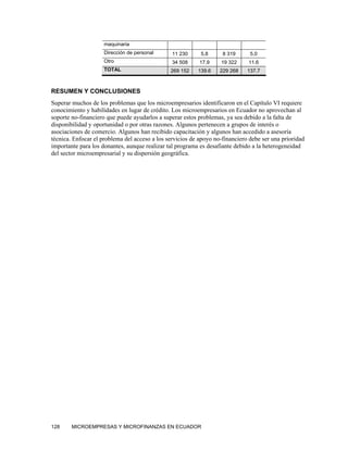 maquinaria
                     Dirección de personal      11 230     5.8      8 319      5.0
                     Otro                       34 508     17.9    19 322     11.6
                     TOTAL                     269 152    139.6    229 268    137.7



RESUMEN Y CONCLUSIONES
Superar muchos de los problemas que los microempresarios identificaron en el Capítulo VI requiere
conocimiento y habilidades en lugar de crédito. Los microempresarios en Ecuador no aprovechan al
soporte no-financiero que puede ayudarlos a superar estos problemas, ya sea debido a la falta de
disponibilidad y oportunidad o por otras razones. Algunos pertenecen a grupos de interés o
asociaciones de comercio. Algunos han recibido capacitación y algunos han accedido a asesoría
técnica. Enfocar el problema del acceso a los servicios de apoyo no-financiero debe ser una prioridad
importante para los donantes, aunque realizar tal programa es desafiante debido a la heterogeneidad
del sector microempresarial y su dispersión geográfica.




128     MICROEMPRESAS Y MICROFINANZAS EN ECUADOR
 