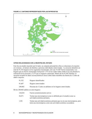FIGURE I-2: CANTONES REPRESENTADOS POR LAS ENTREVISTAS




CIFRAS RELACIONADAS CON LA MUESTRA DEL ESTUDIO

Este fue un estudio muestral; por lo tanto, un conjunto principal de cifras se relacionan a la muestra
en si misma - el número de familias y personas individuales entrevistadas. La encuesta identificó un
total de 91,352 hogares en los segmentos muestreados, del cual 81,607 fueron enumerados. Los
hogares que no fueron enumerados incluyeron 7,372 en los cuáles nadie estaba en la casa durante la
realización de la encuesta y 2,373 que se negaron a participar. Dentro de las 81,607 familias, la
encuesta recopiló los datos socioeconómicos claves sobre todos miembros de familia de 12 años de
edad o mayores.
        91,352          Hogares identificados
        81,607          Hogares entrevistados
        240,802         Personas de 12 años en adelante en los hogares entrevistadas.
De los 240,802 adultos en estos hogares:
        124,654         Fueron económicamente activos
        28,471          Tenían una microempresa (como es definido por el estudio) como su
                        actividad económica primaria.
        1,381           Tenían una actividad económica primaria que no era una microempresa, pero
                        tenía una microempresa como una actividad económica secundaria.




8       MICROEMPRESAS Y MICROFINANZAS EN ECUADOR
 