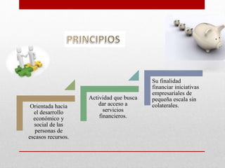 Orientada hacia 
el desarrollo 
económico y 
social de las 
personas de 
escasos recursos. 
Actividad que busca 
dar acceso a 
servicios 
financieros. 
Su finalidad 
financiar iniciativas 
empresariales de 
pequeña escala sin 
colaterales. 
 