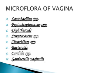 A. Lactobacillus spp.
B. Peptostreptococcus spp.
C. Diphtheroids
D. Streptococcus spp.
E. Clostridium spp.
F. Bacteroids
G. Candida spp.
H. Gardnerella vaginalis
 