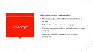 Advantage
By implementing this valving method;
 Only a compact and accurately-controlled motor is
required
 Without the need for external syringe pump
 Eliminate environmental contamination from external
pumping
 Minimize air bubbles from external pumping
mechanisms
 
