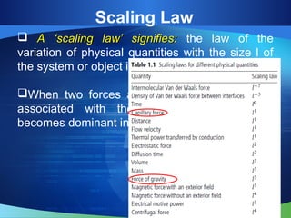 Scaling Law
 A ‘scaling law’ signifies:A ‘scaling law’ signifies: the law of the
variation of physical quantities with the size l of
the system or object in question.
When two forces are present, it is the force
associated with the weaker exponent that
becomes dominant in miniaturized systems.
30
 