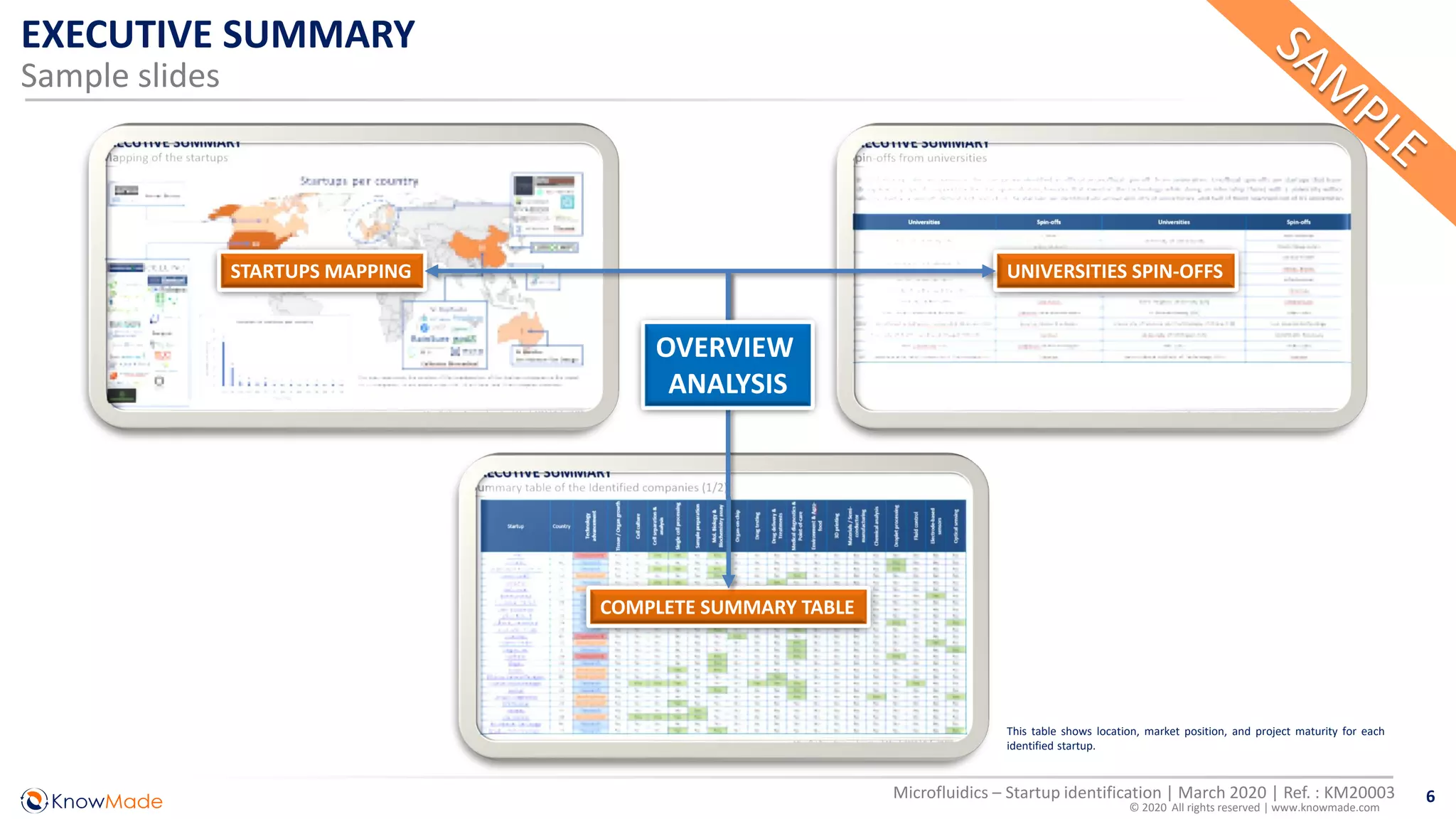 6Microfluidics – Startup identification | March 2020 | Ref. : KM20003
© 2020 All rights reserved | www.knowmade.com
EXECUTIVE SUMMARY
Sample slides
STARTUPS MAPPING UNIVERSITIES SPIN-OFFS
COMPLETE SUMMARY TABLE
OVERVIEW
ANALYSIS
This table shows location, market position, and project maturity for each
identified startup.
 