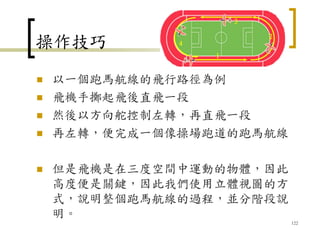 操作技巧
122
 以一個跑馬航線的飛行路徑為例
 飛機手擲起飛後直飛一段
 然後以方向舵控制左轉，再直飛一段
 再左轉，便完成一個像操場跑道的跑馬航線
 但是飛機是在三度空間中運動的物體，因此
高度便是關鍵，因此我們使用立體視圖的方
式，說明整個跑馬航線的過程，並分階段說
明。
 