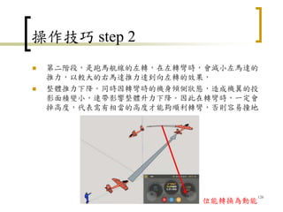 操作技巧 step 2
 第二階段，是跑馬航線的左轉，在左轉彎時，會減小左馬達的
推力，以較大的右馬達推力達到向左轉的效果，
 整體推力下降。同時因轉彎時的機身傾側狀態，造成機翼的投
影面積變小，連帶影響整體升力下降。因此在轉彎時，一定會
掉高度，代表需有相當的高度才能夠順利轉彎，否則容易撞地
126
位能轉換為動能
 