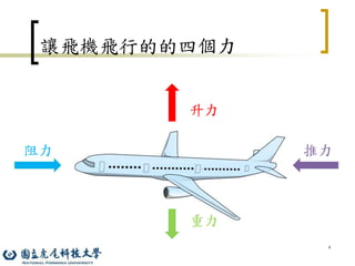 4
讓飛機飛行的的四個力
升力
重力
推力
阻力
 